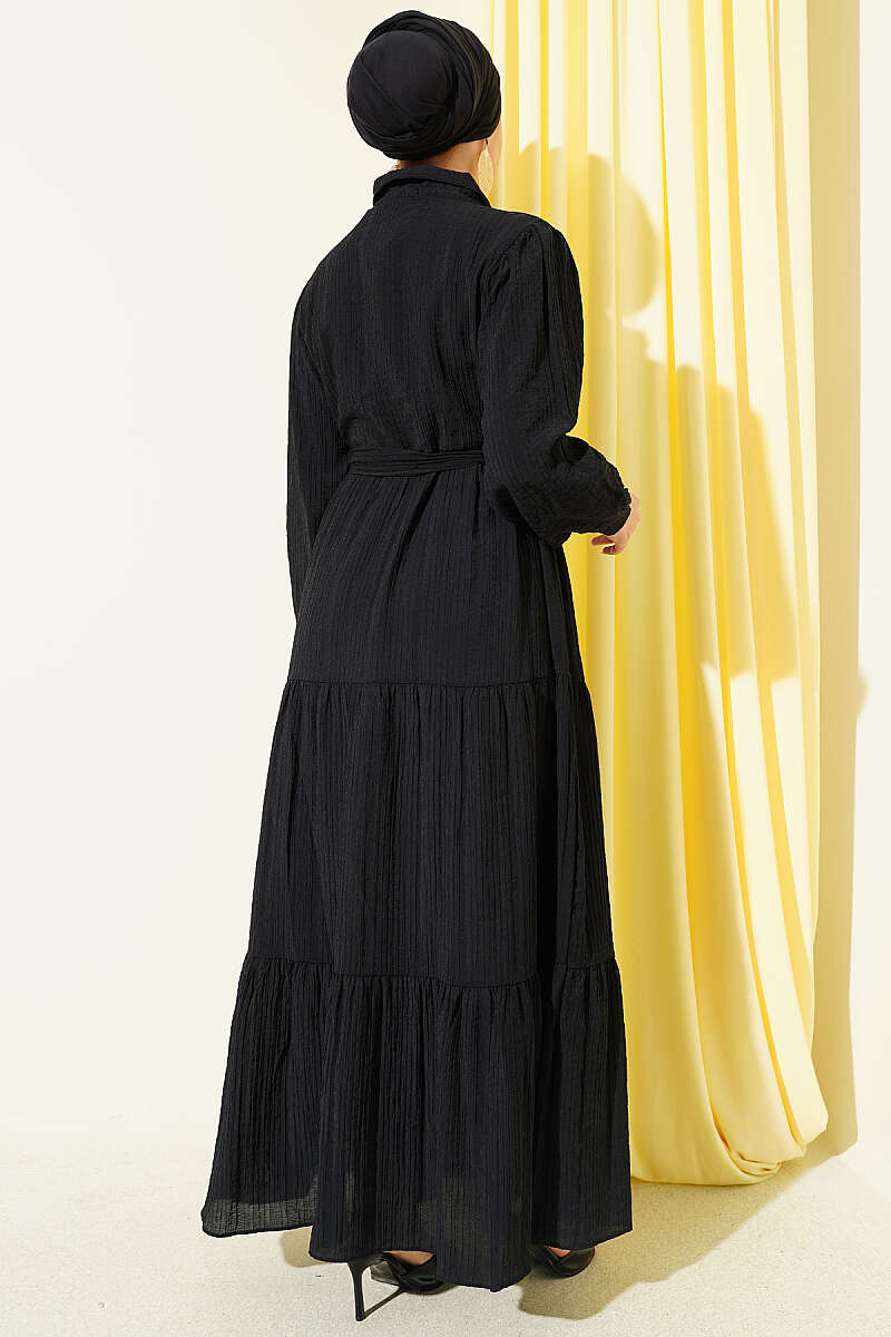 Half-Button Dress with Tie Collar - Black
