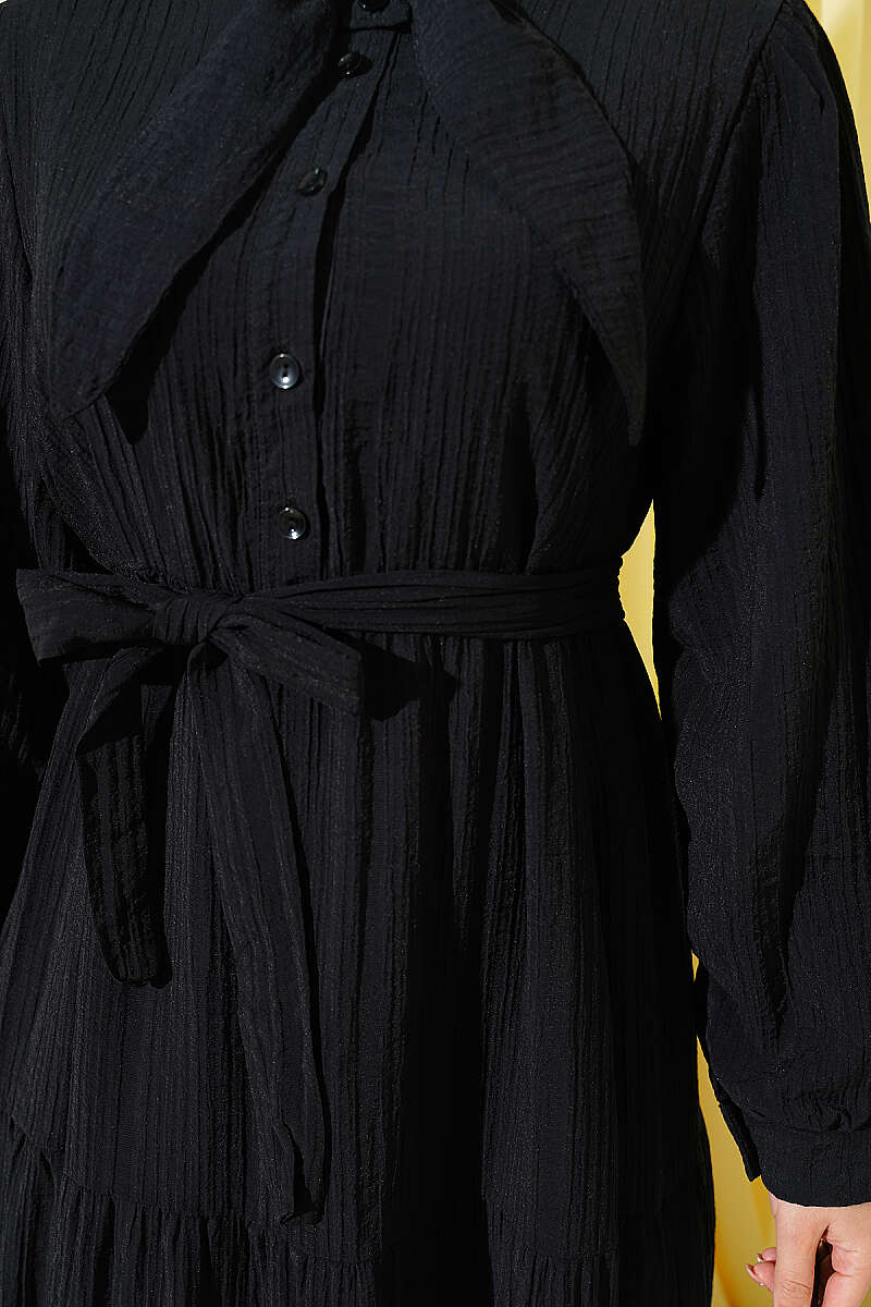 Half-Button Dress with Tie Collar - Black
