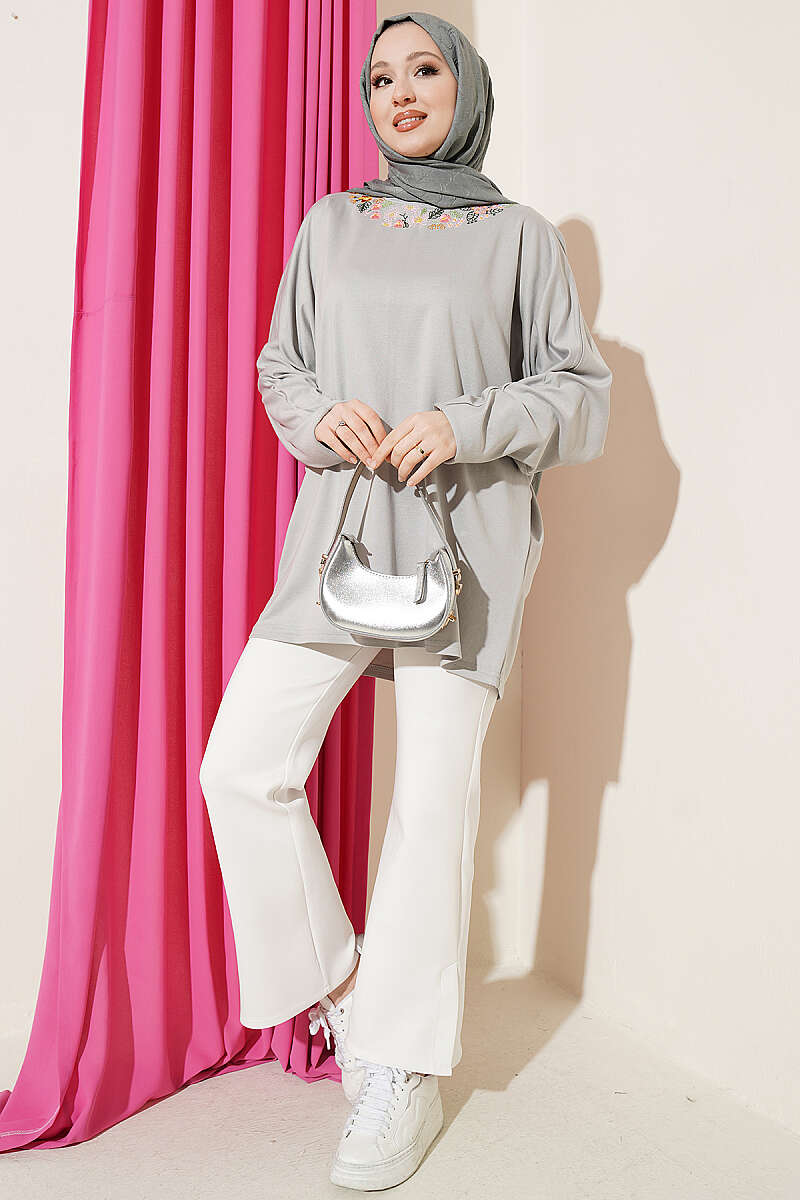 Loycha Tunic with Floral Embroidered Collar - Grey