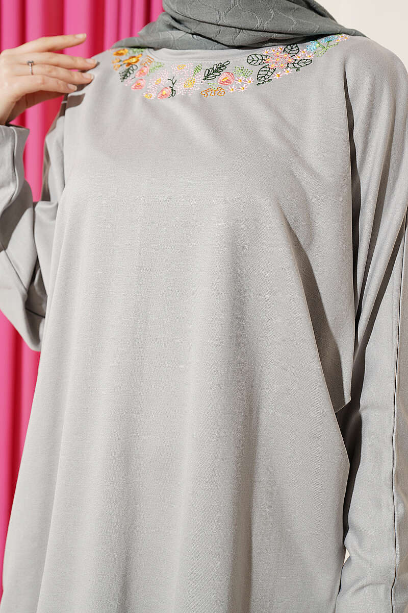 Loycha Tunic with Floral Embroidered Collar - Grey