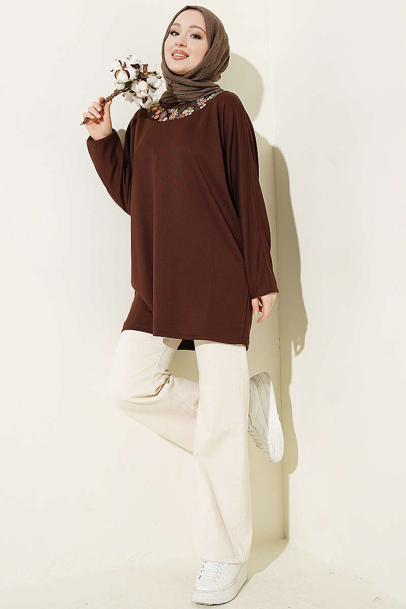 Loycha Tunic with Floral Embroidered Collar - Brown