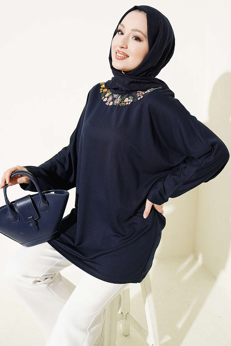 Loycha Tunic with Floral Embroidered Collar - Navy