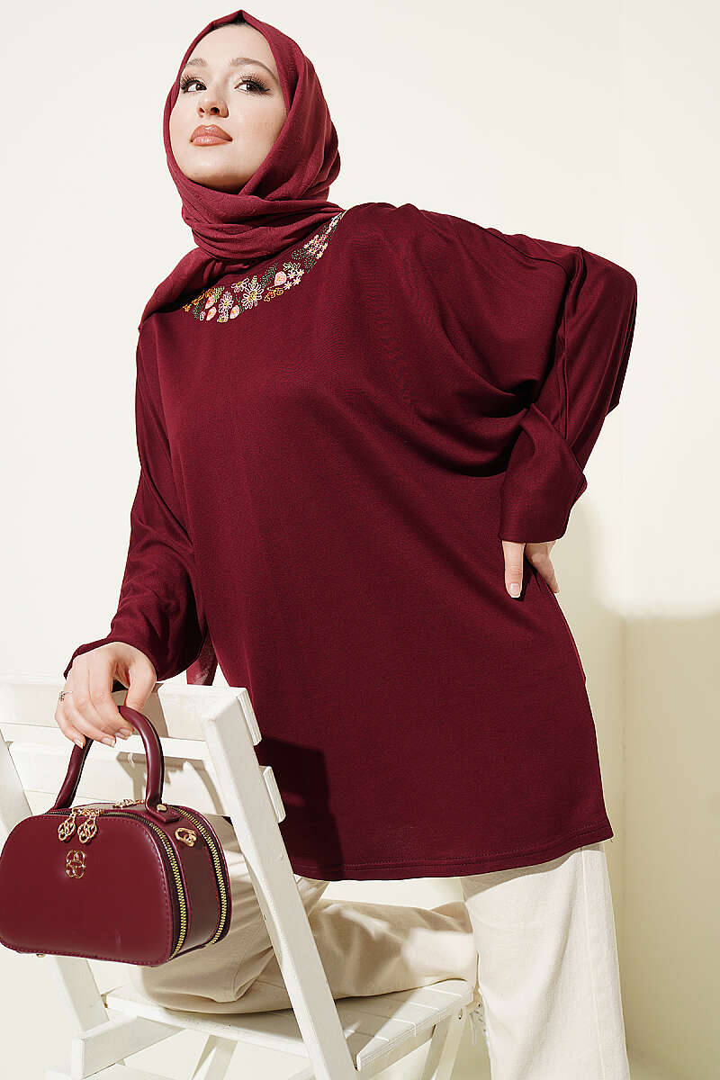 Loycha Tunic with Floral Embroidered Collar - Plum