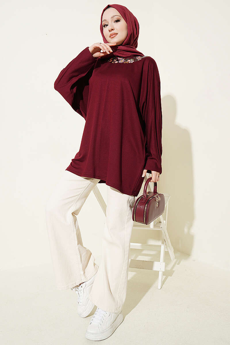 Loycha Tunic with Floral Embroidered Collar - Plum