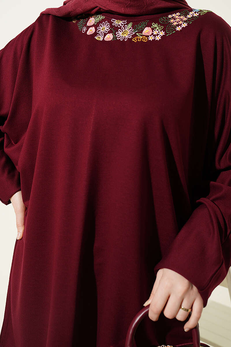 Loycha Tunic with Floral Embroidered Collar - Plum