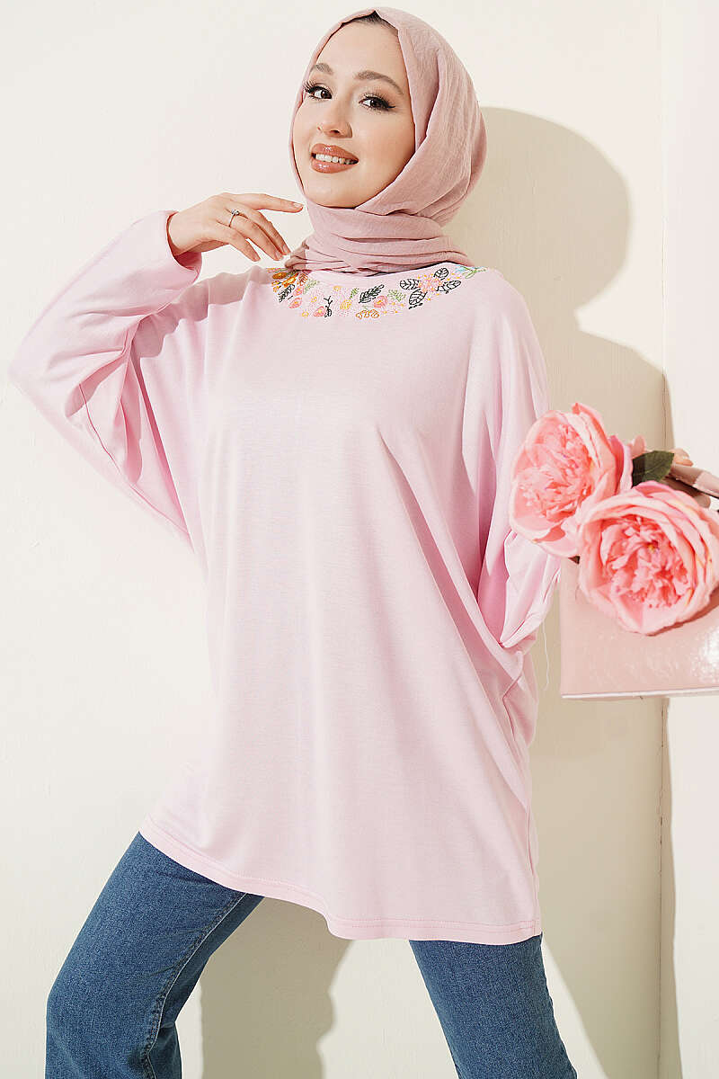 Loycha Tunic with Floral Embroidered Collar - Pink