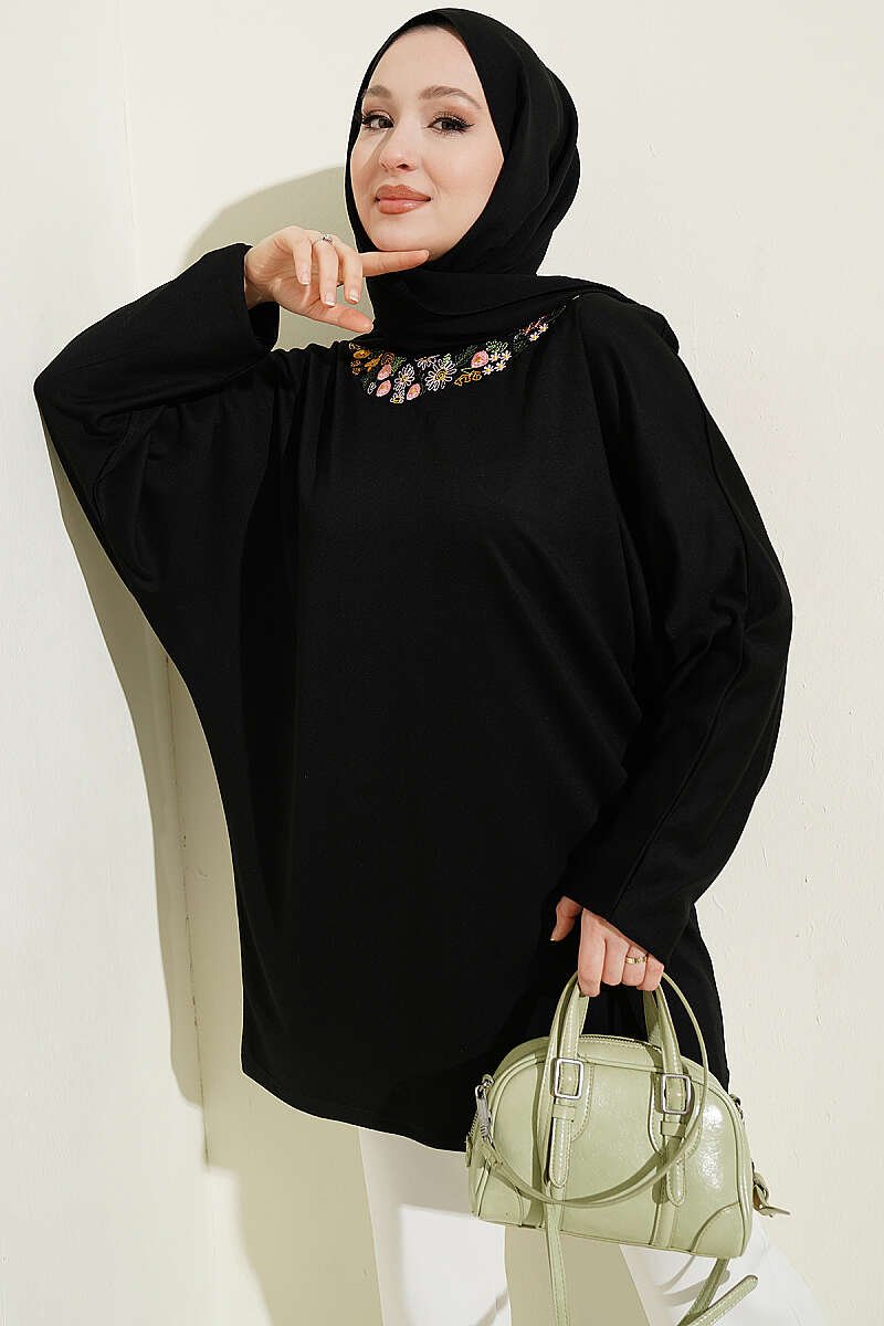 Loycha Tunic with Floral Embroidered Collar - Black