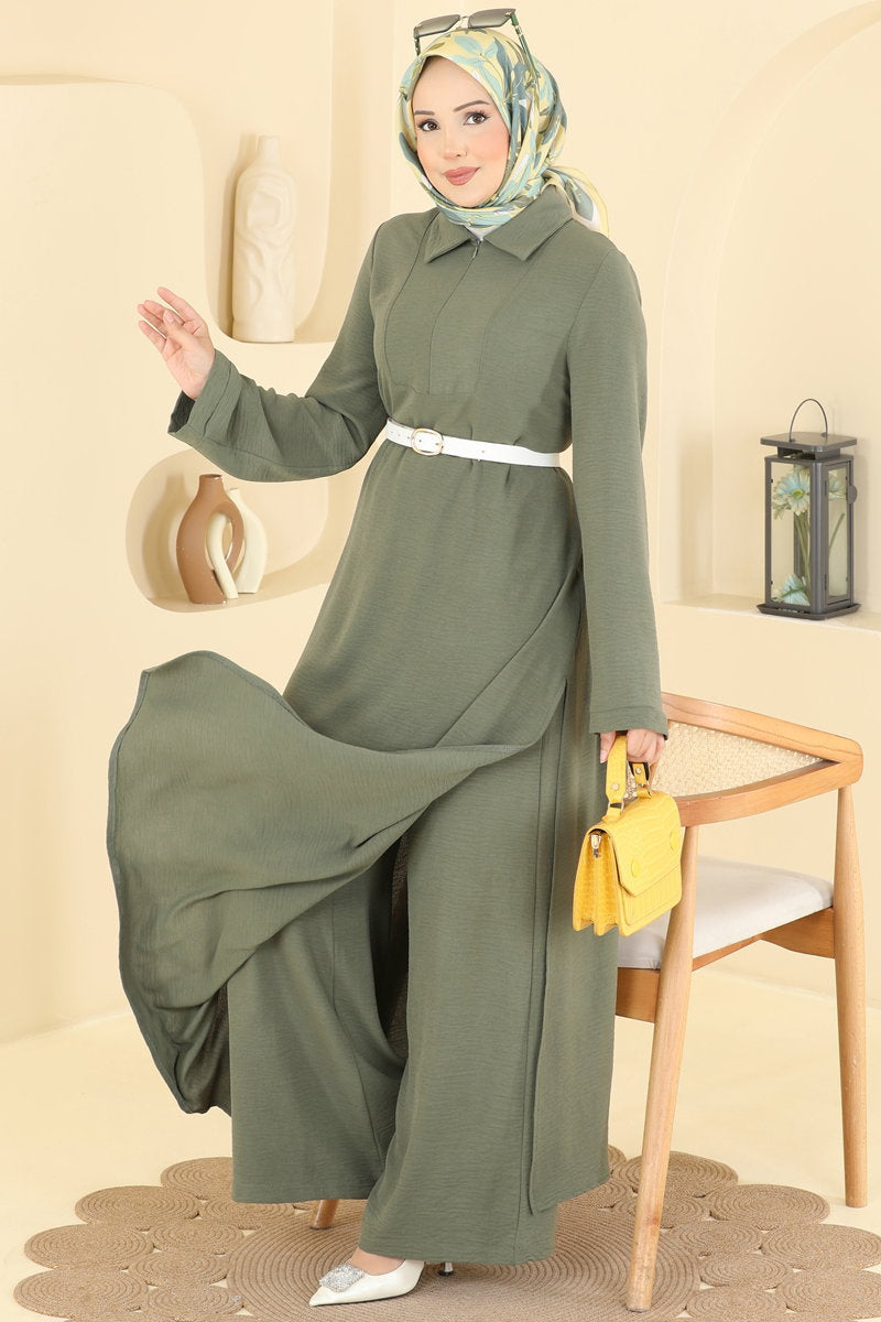 Aerobin Two-Piece Set with Zip Collar - Almond Green