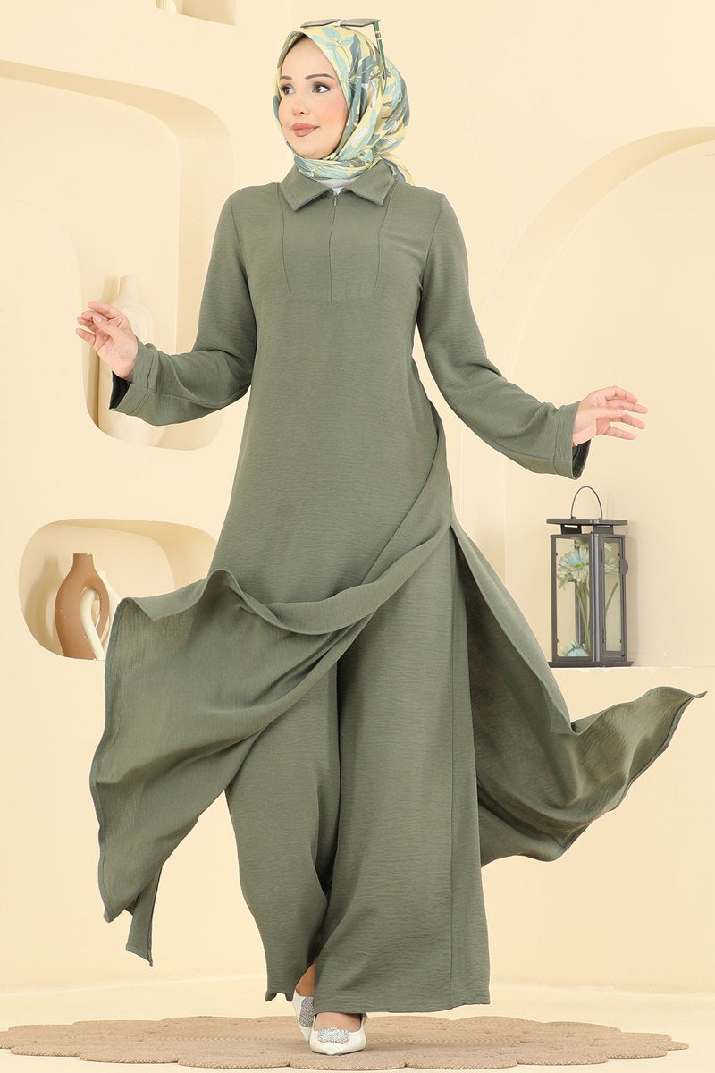 Aerobin Two-Piece Set with Zip Collar - Almond Green