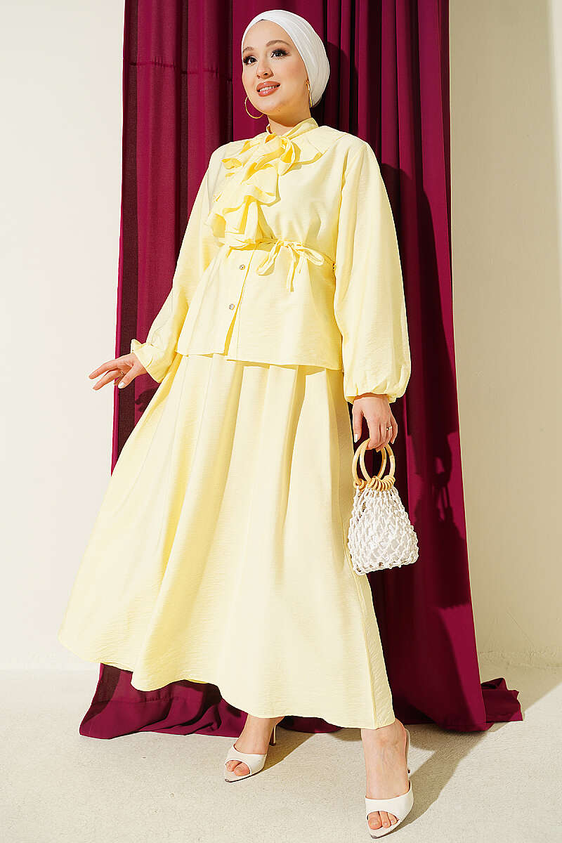 Skirt Set with Ruffled Collar and Ties - Yellow