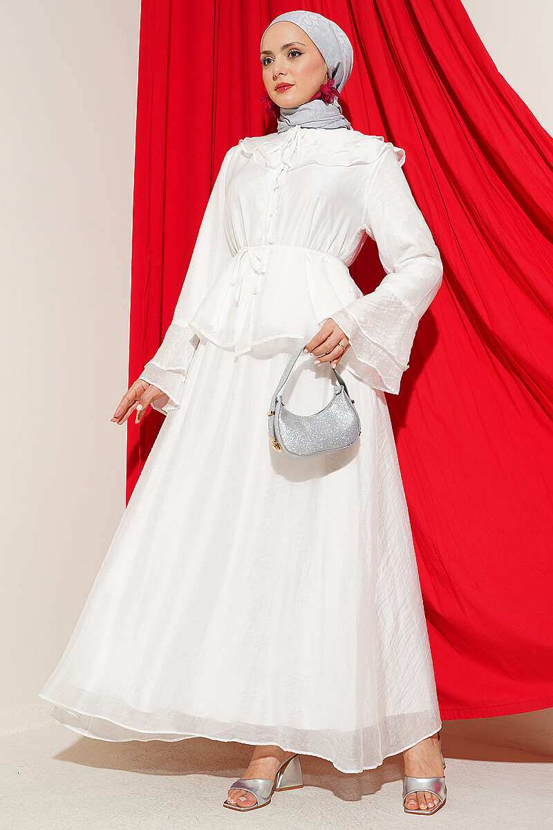 Skirt Set with Ruffled Collar and Rivet Buttons - White