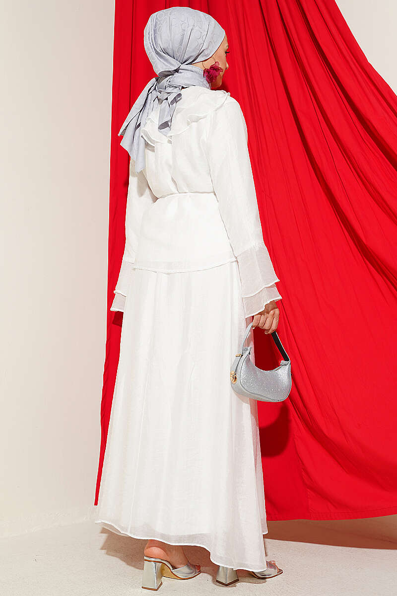 Skirt Set with Ruffled Collar and Rivet Buttons - White