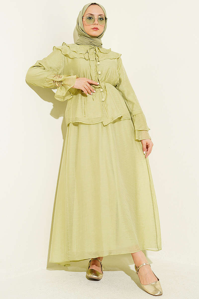 Skirt Set with Ruffled Collar and Rivet Buttons - Almond Green