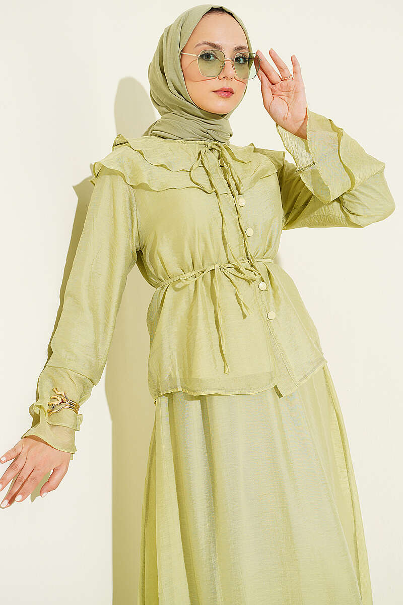 Skirt Set with Ruffled Collar and Rivet Buttons - Almond Green