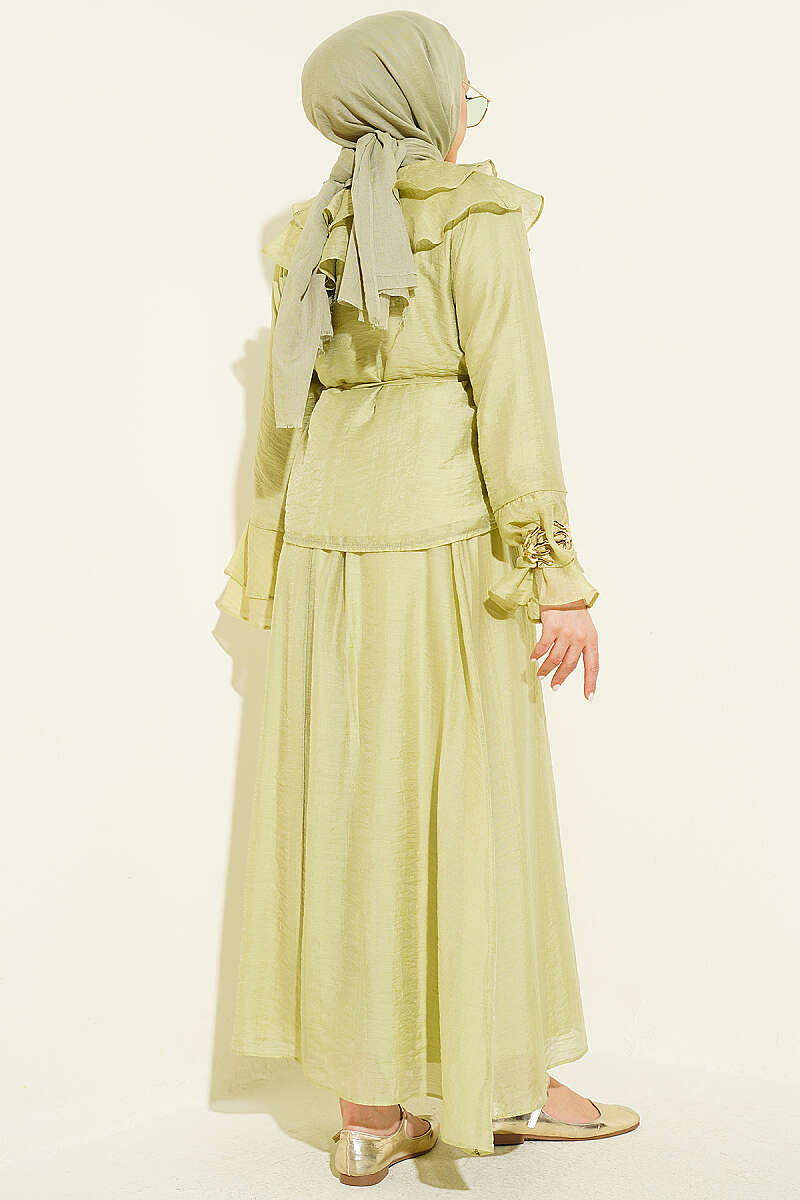 Skirt Set with Ruffled Collar and Rivet Buttons - Almond Green