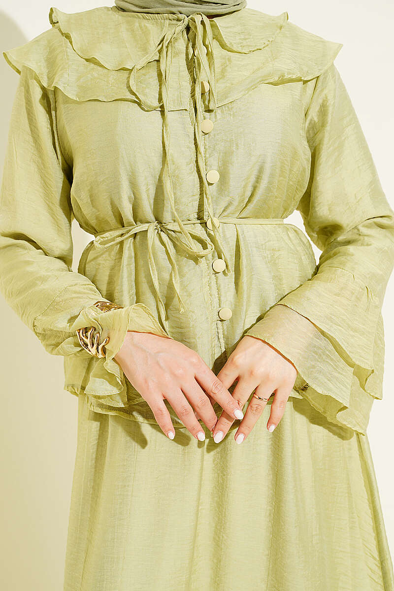 Skirt Set with Ruffled Collar and Rivet Buttons - Almond Green
