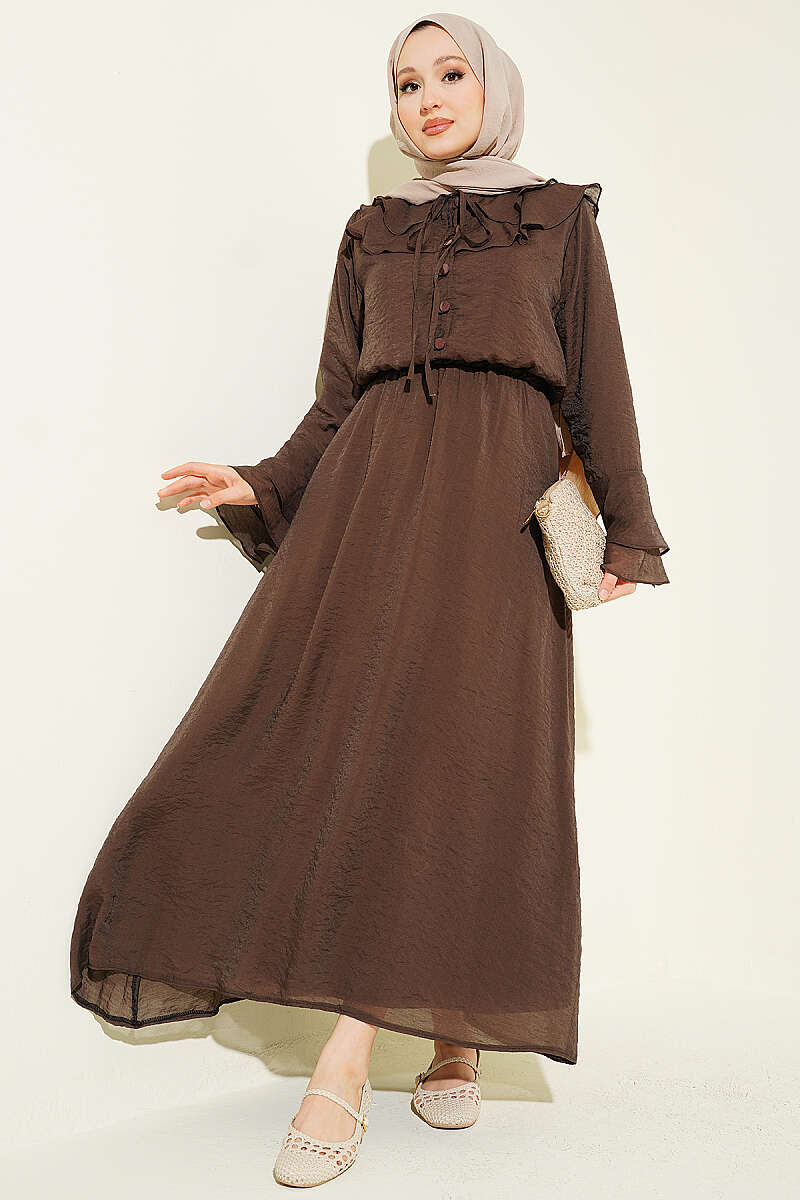 Skirt Set with Ruffled Collar and Rivet Buttons - Brown