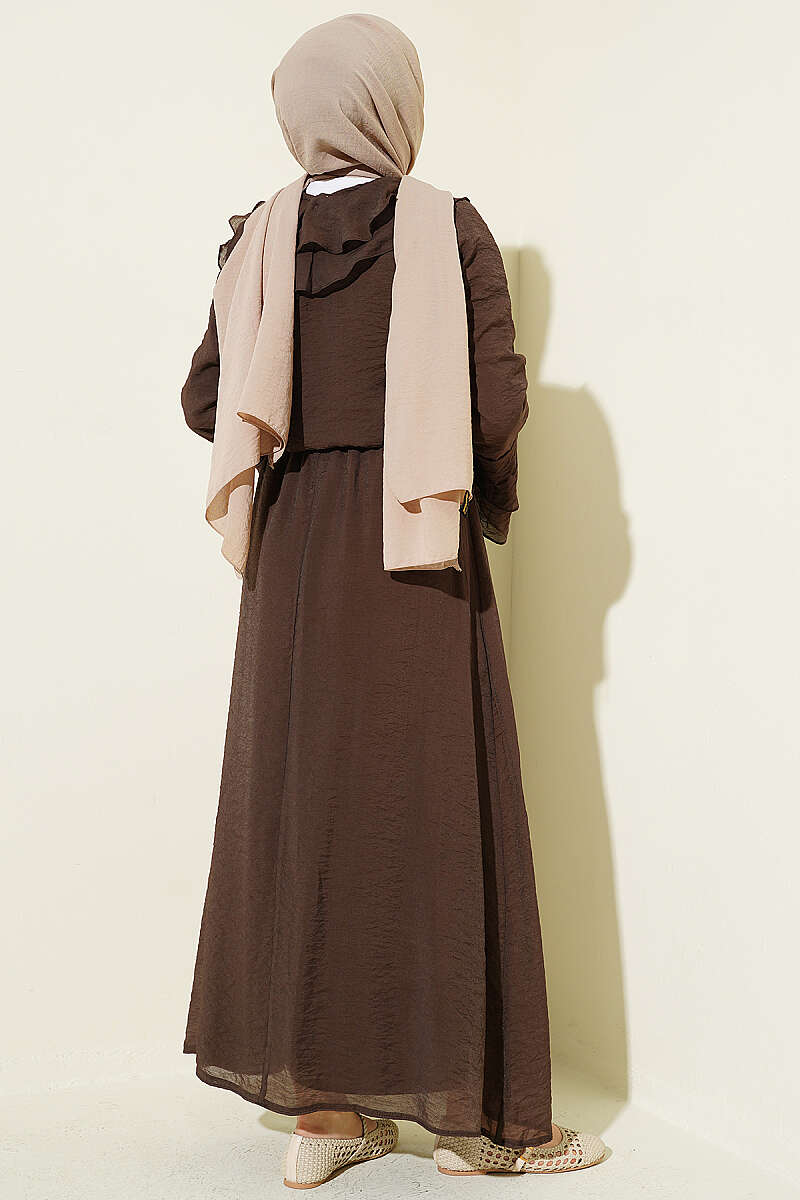 Skirt Set with Ruffled Collar and Rivet Buttons - Brown