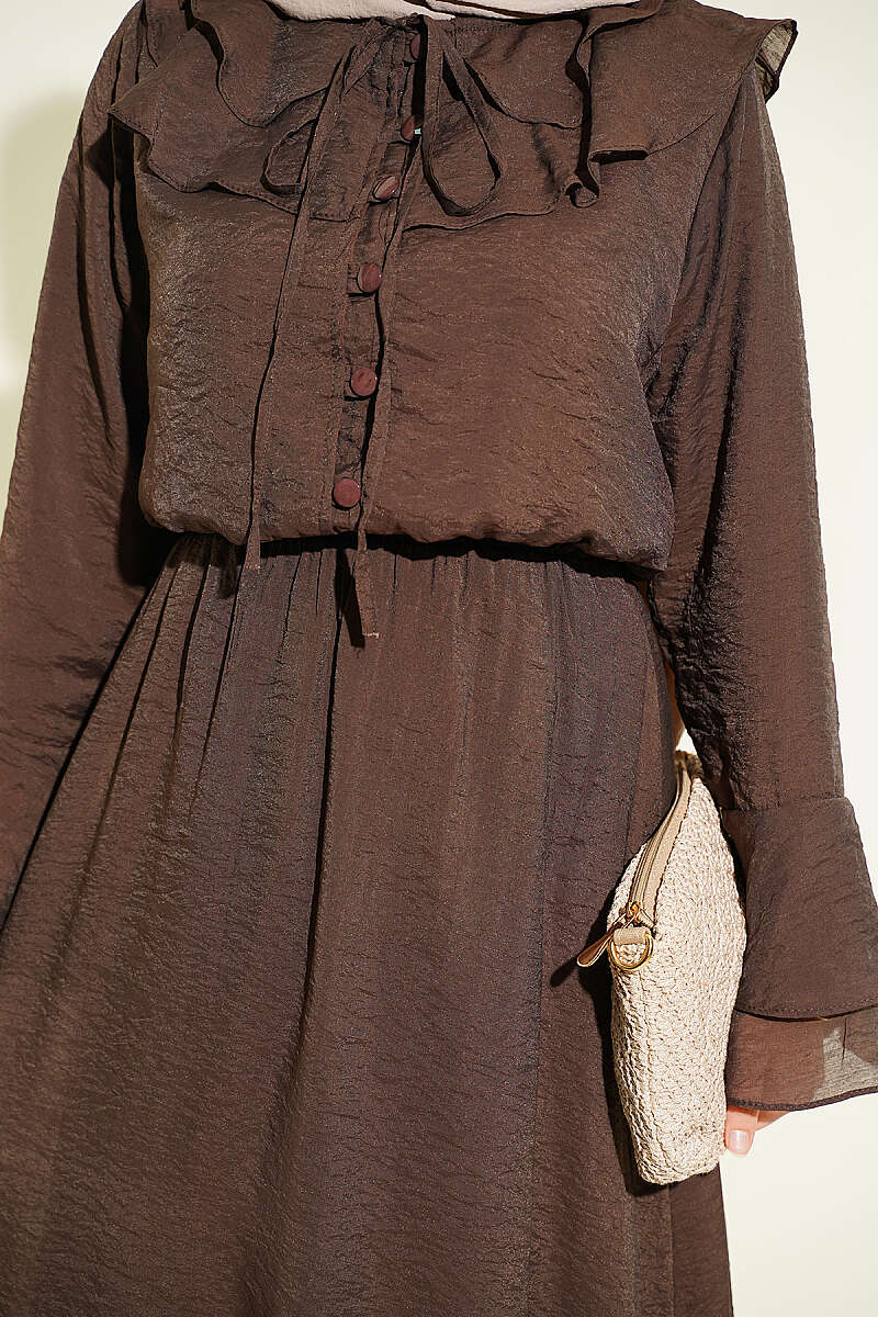Skirt Set with Ruffled Collar and Rivet Buttons - Brown