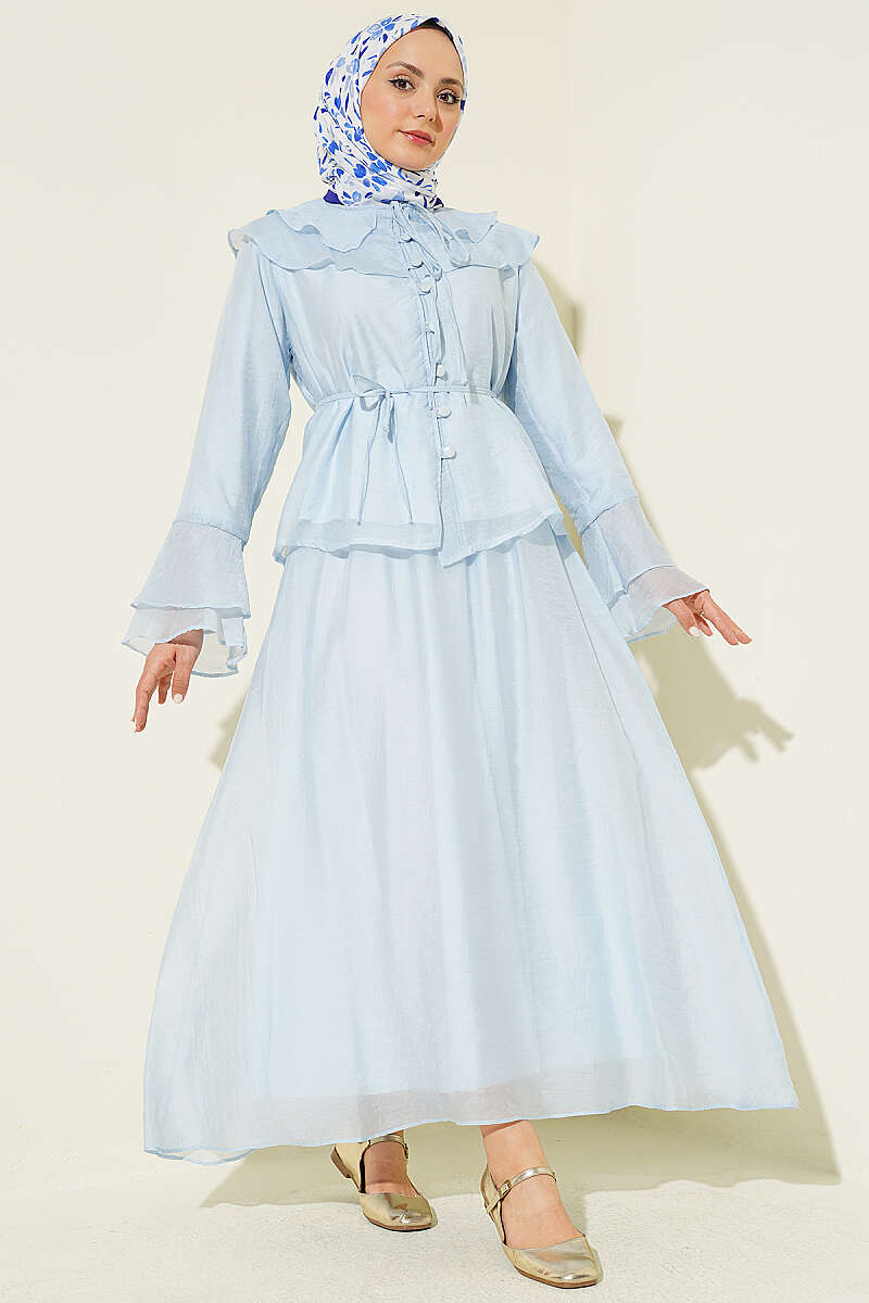 Skirt Set with Ruffled Collar and Rivet Buttons - Blue