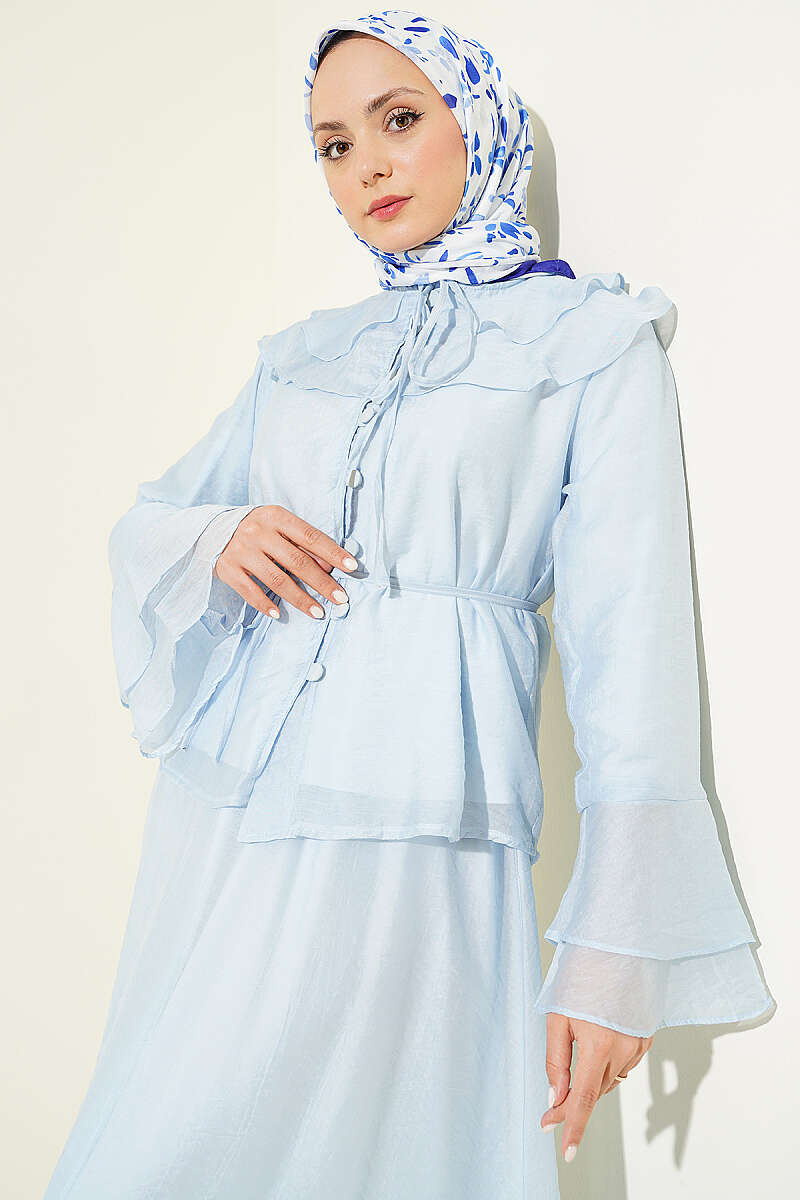 Skirt Set with Ruffled Collar and Rivet Buttons - Blue