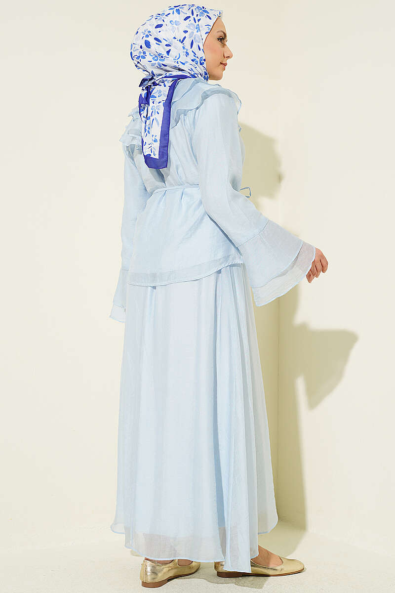 Skirt Set with Ruffled Collar and Rivet Buttons - Blue