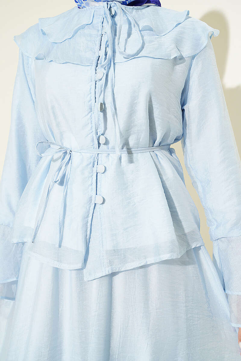 Skirt Set with Ruffled Collar and Rivet Buttons - Blue