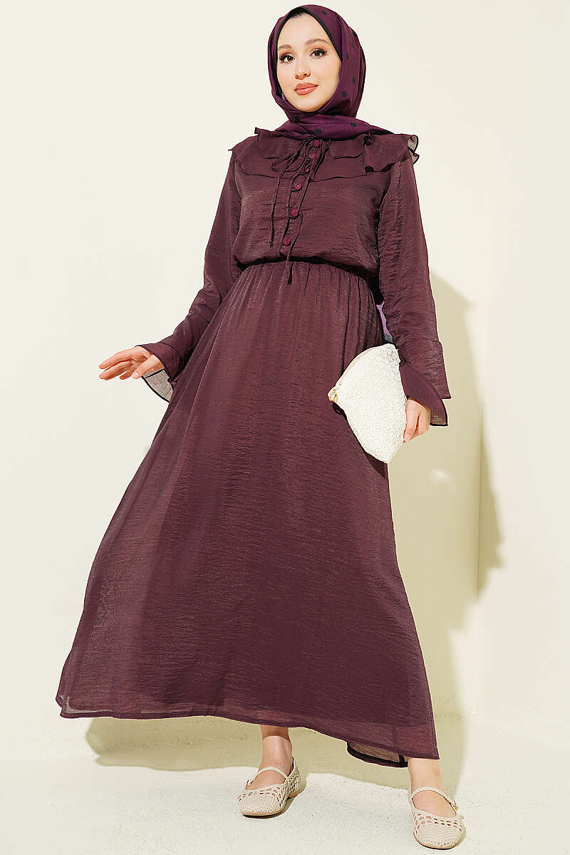 Skirt Set with Ruffled Collar and Rivet Buttons - Plum