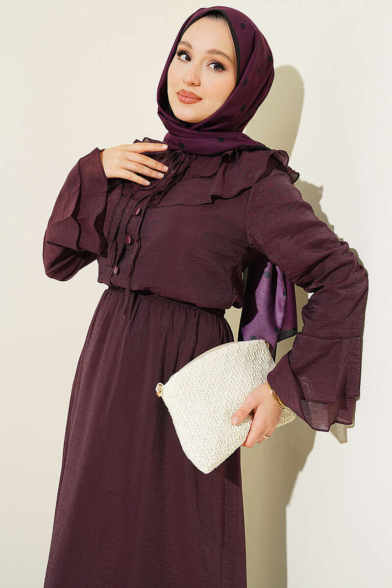 Skirt Set with Ruffled Collar and Rivet Buttons - Plum