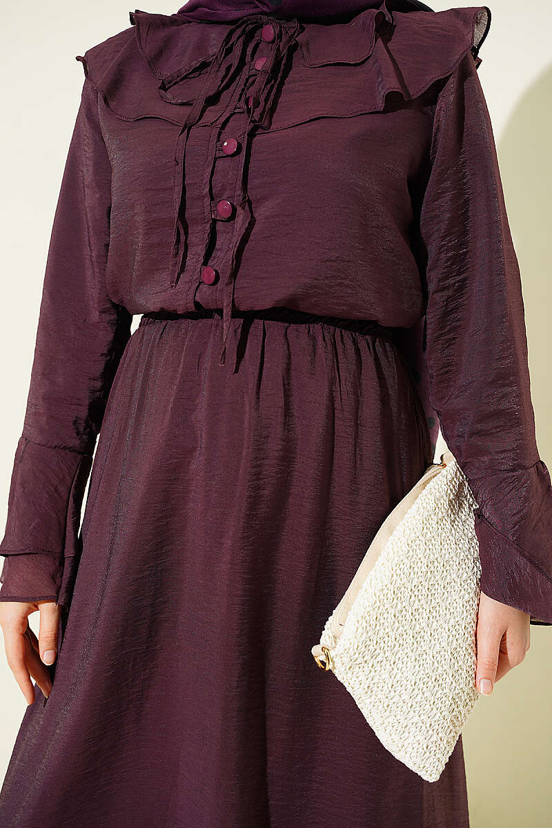 Skirt Set with Ruffled Collar and Rivet Buttons - Plum
