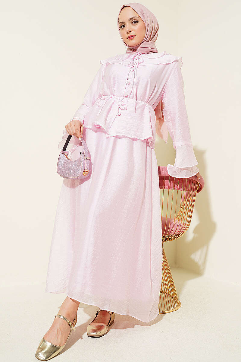 Skirt Set with Ruffled Collar and Rivet Buttons - Pink