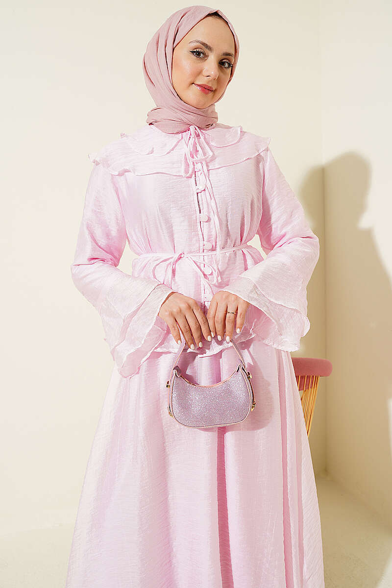 Skirt Set with Ruffled Collar and Rivet Buttons - Pink