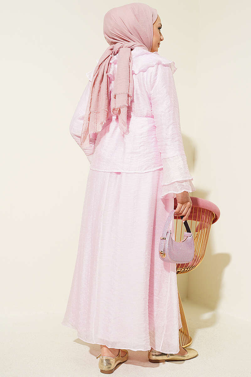 Skirt Set with Ruffled Collar and Rivet Buttons - Pink