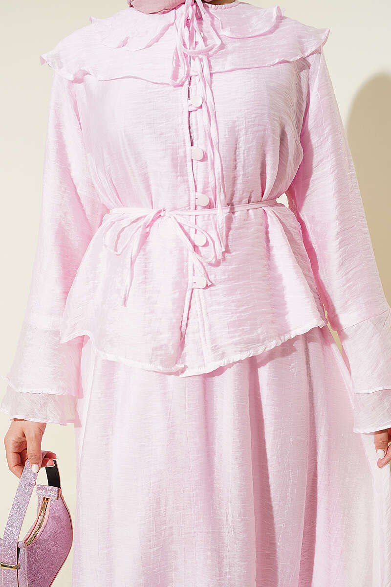 Skirt Set with Ruffled Collar and Rivet Buttons - Pink