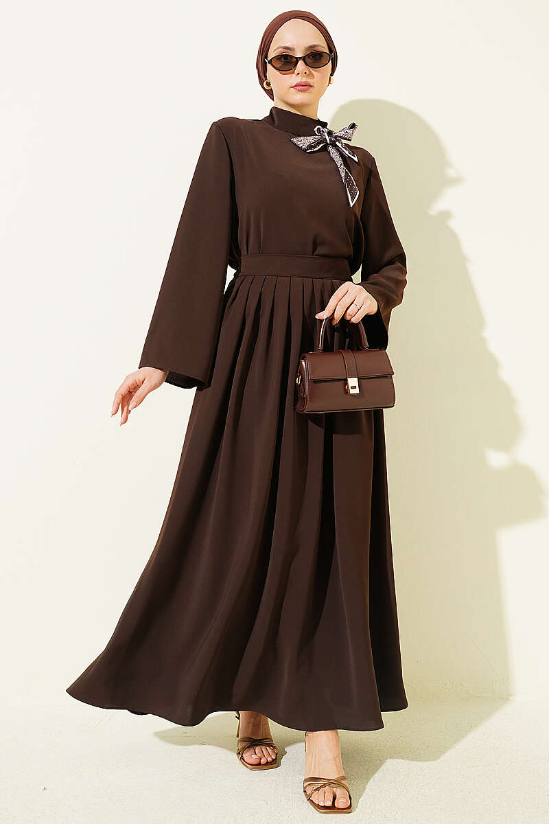 Scarf-Collar Skirt Two-Piece Set - Brown