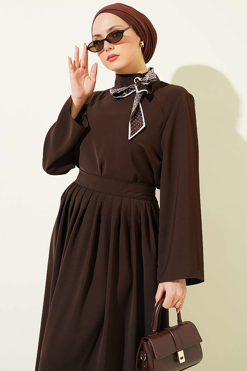 Scarf-Collar Skirt Two-Piece Set - Brown