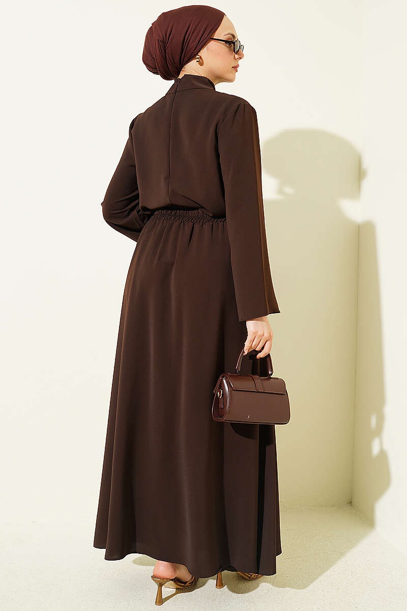 Scarf-Collar Skirt Two-Piece Set - Brown