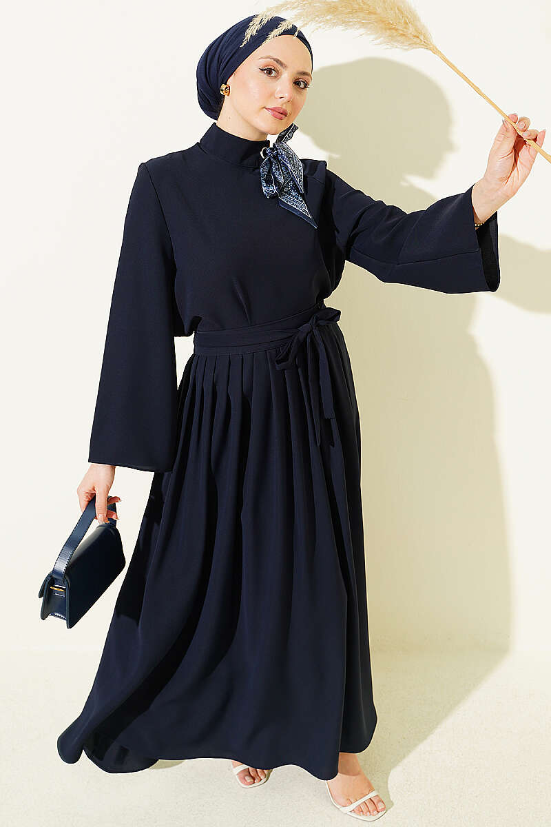 Scarf-Collar Skirt Two-Piece Set - Navy