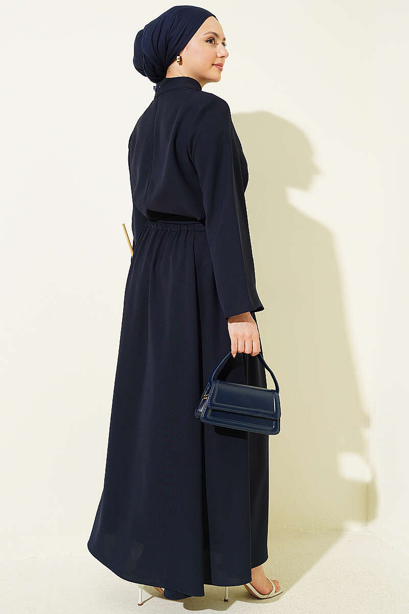 Scarf-Collar Skirt Two-Piece Set - Navy