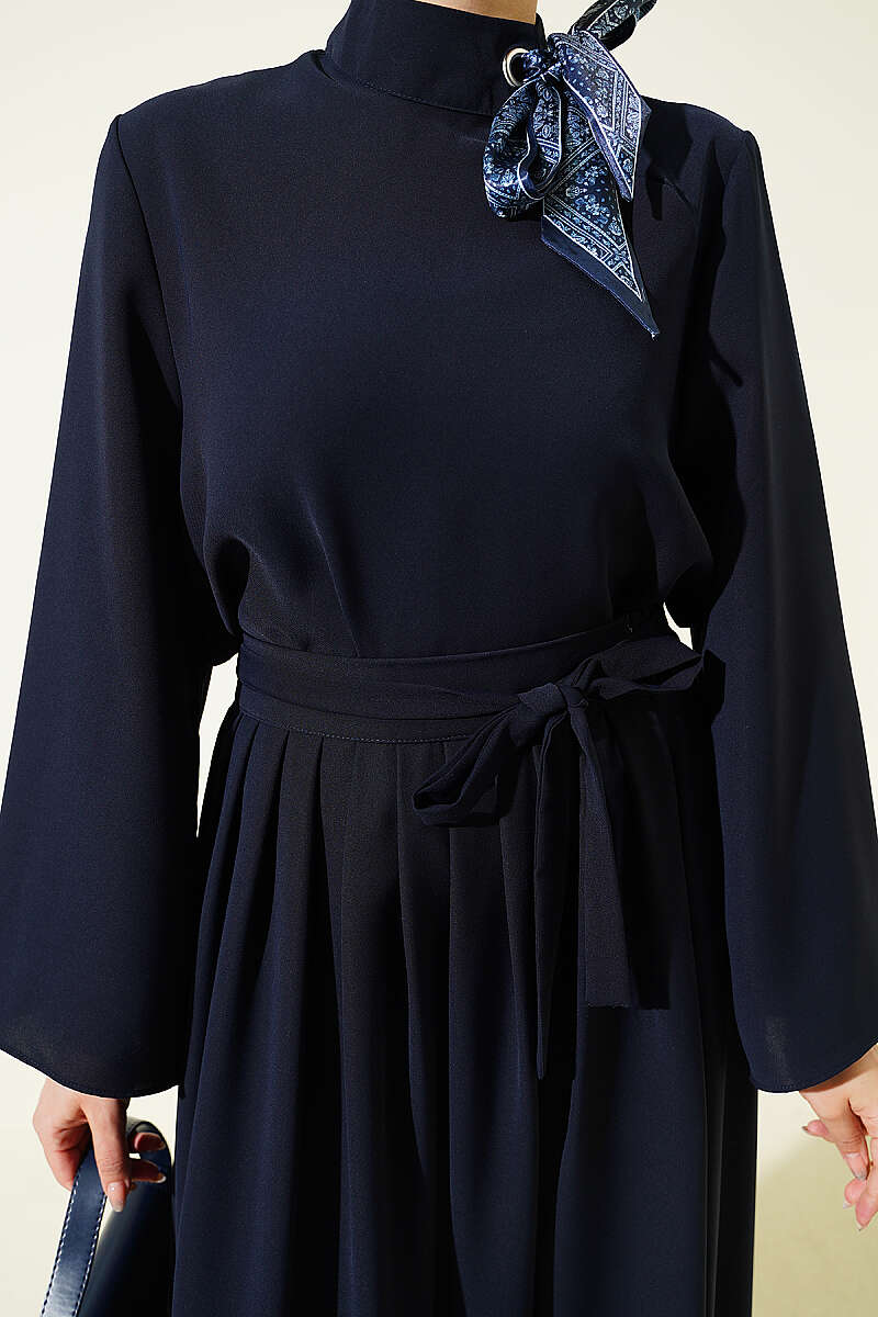 Scarf-Collar Skirt Two-Piece Set - Navy