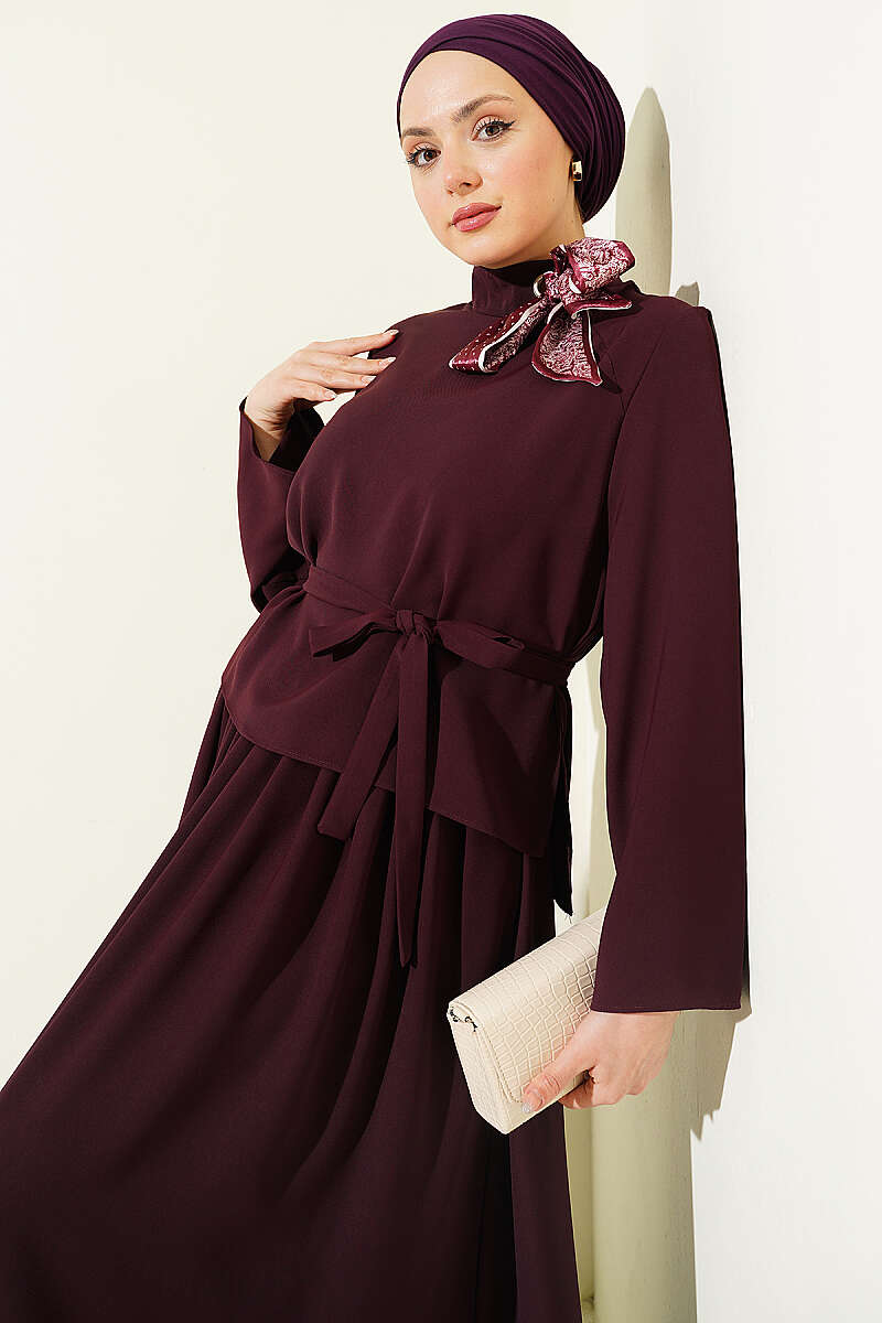 Scarf-Collar Skirt Two-Piece Set - Plum
