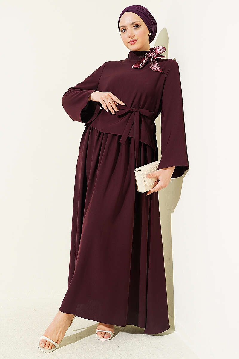 Scarf-Collar Skirt Two-Piece Set - Plum