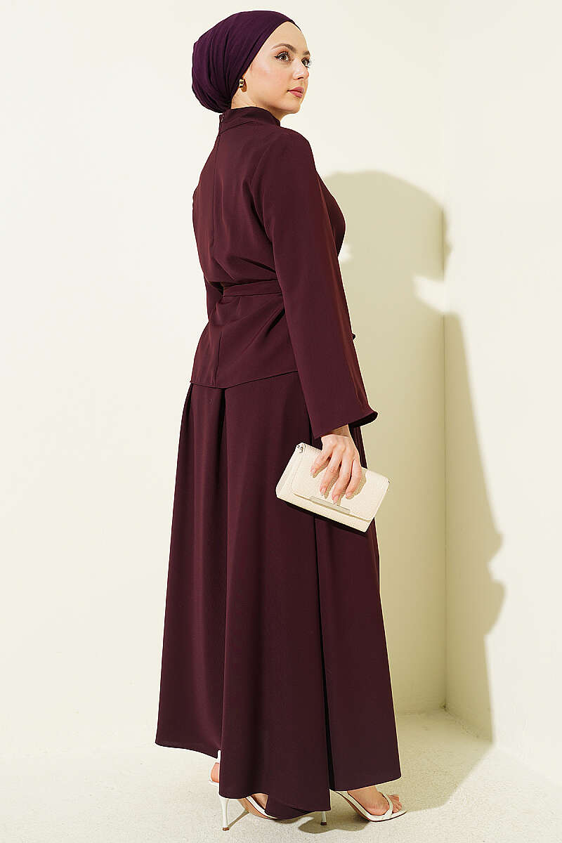 Scarf-Collar Skirt Two-Piece Set - Plum