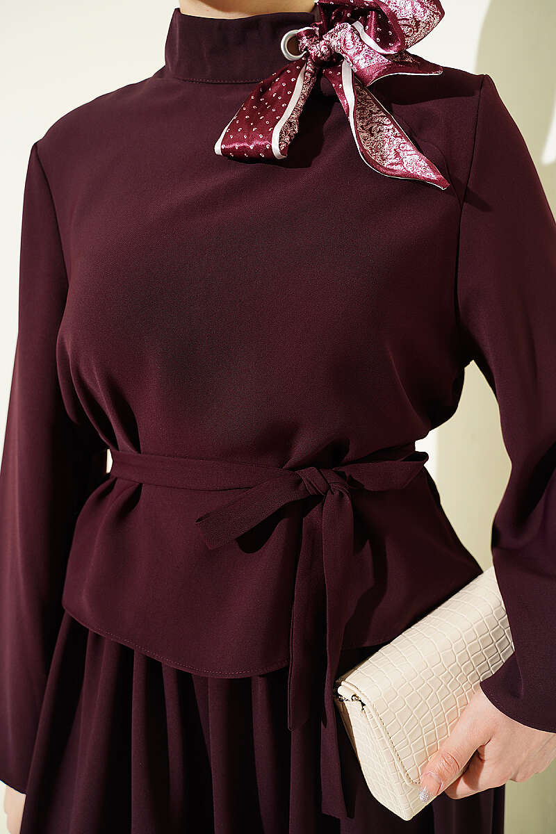 Scarf-Collar Skirt Two-Piece Set - Plum