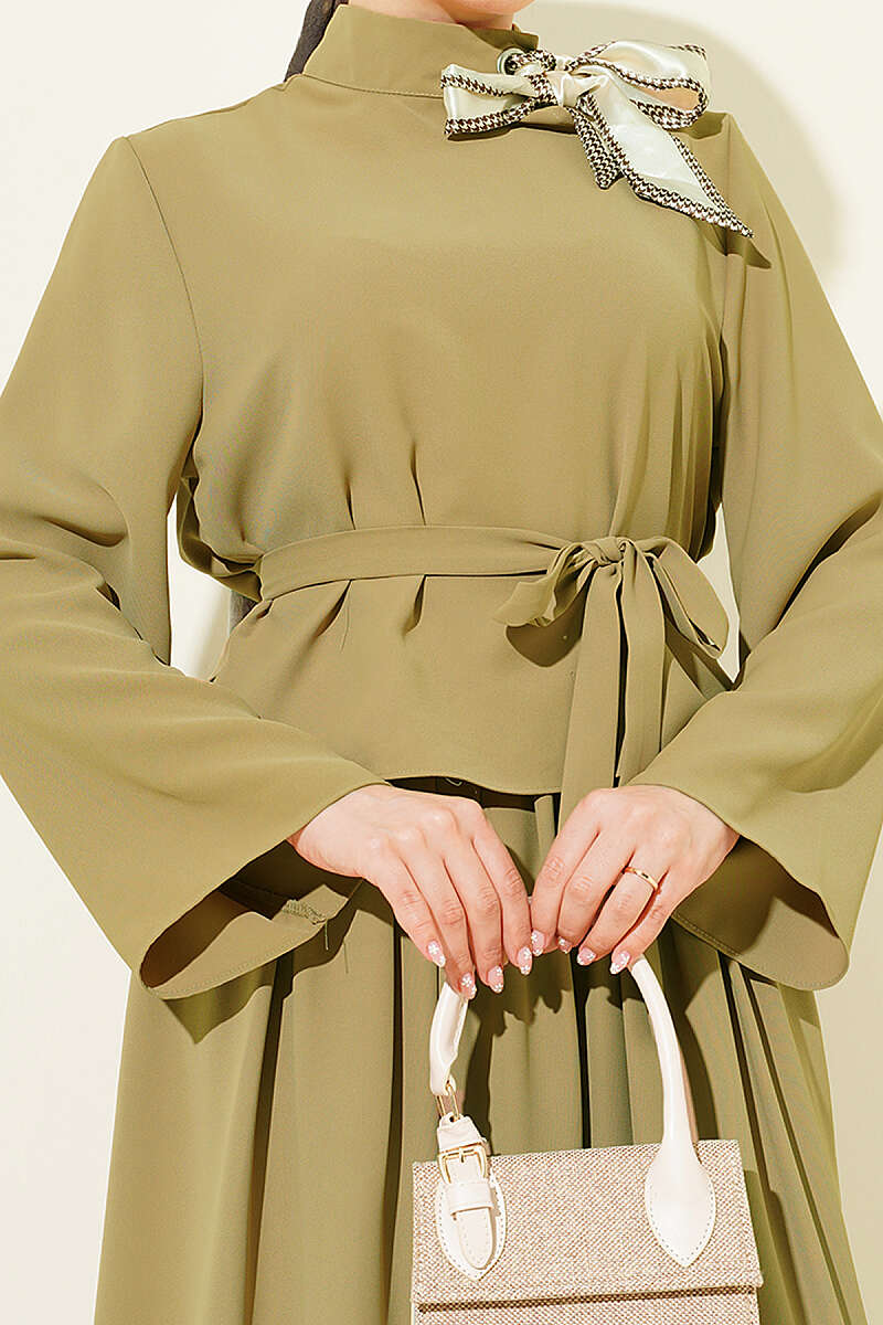 Scarf-Collar Skirt Two-Piece Set - Olive