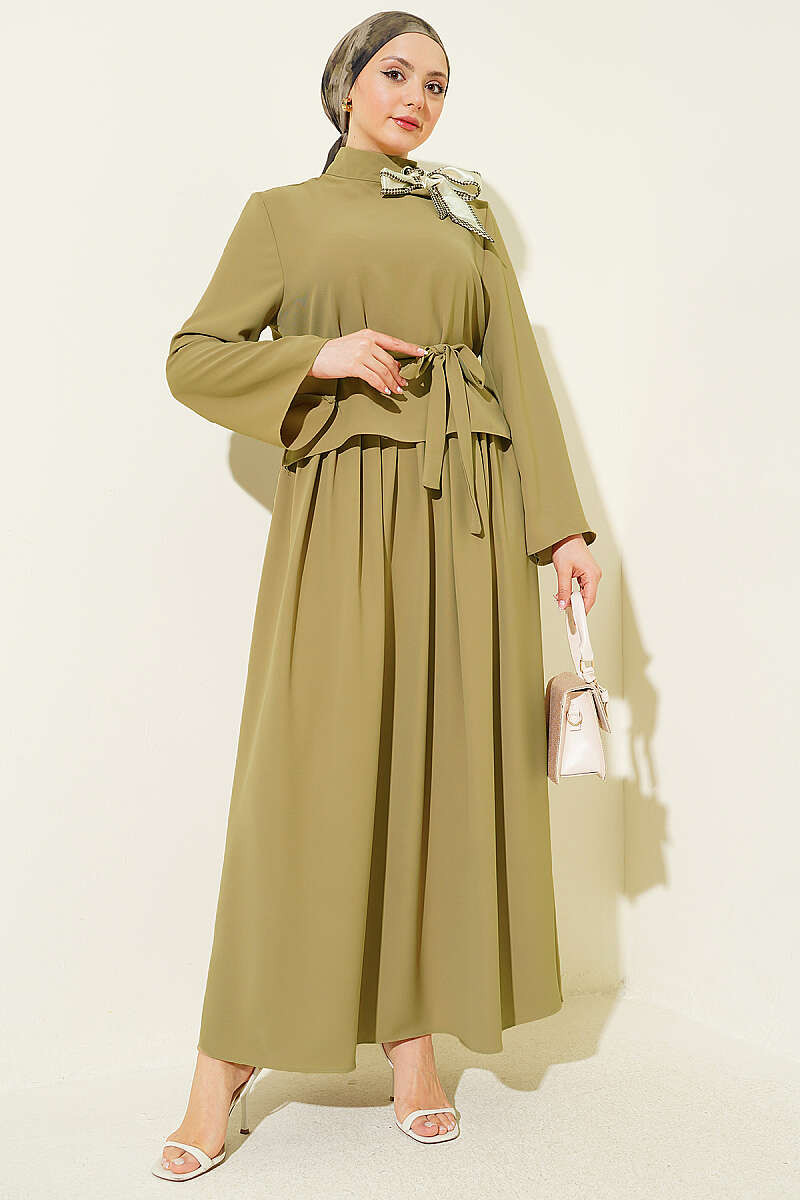 Scarf-Collar Skirt Two-Piece Set - Olive