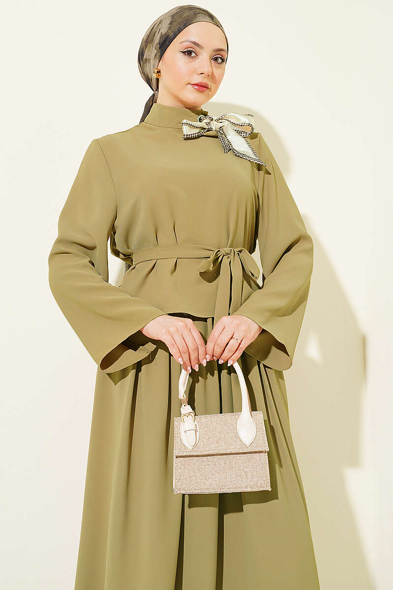 Scarf-Collar Skirt Two-Piece Set - Olive