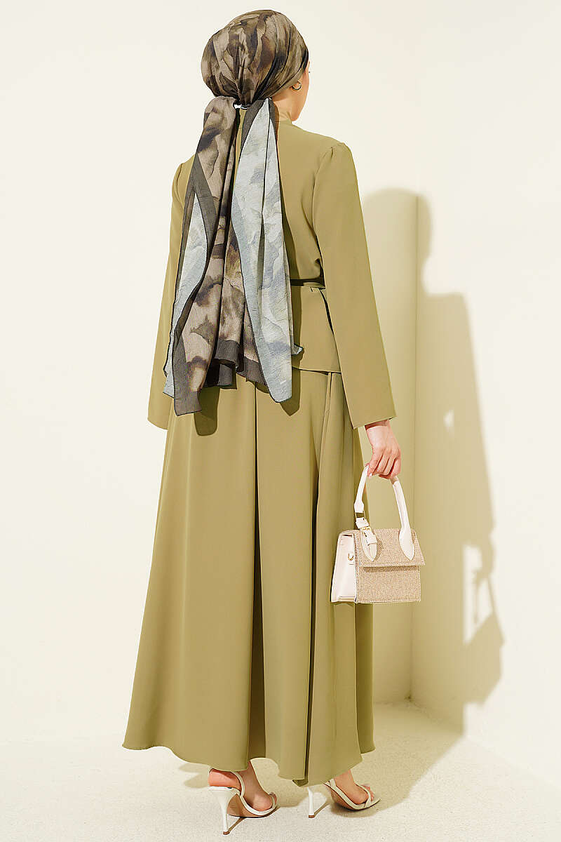 Scarf-Collar Skirt Two-Piece Set - Olive