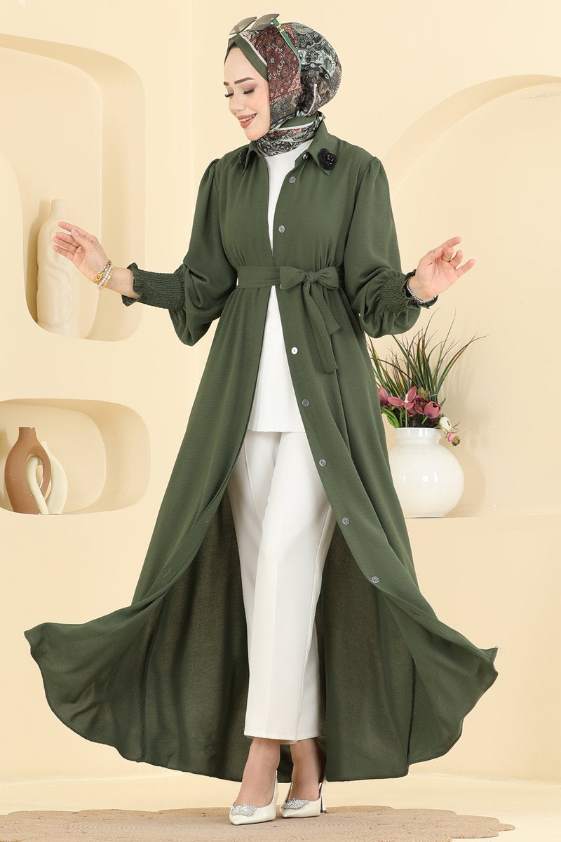 Aerobin Abaya Coat with Rose Collar - Khaki