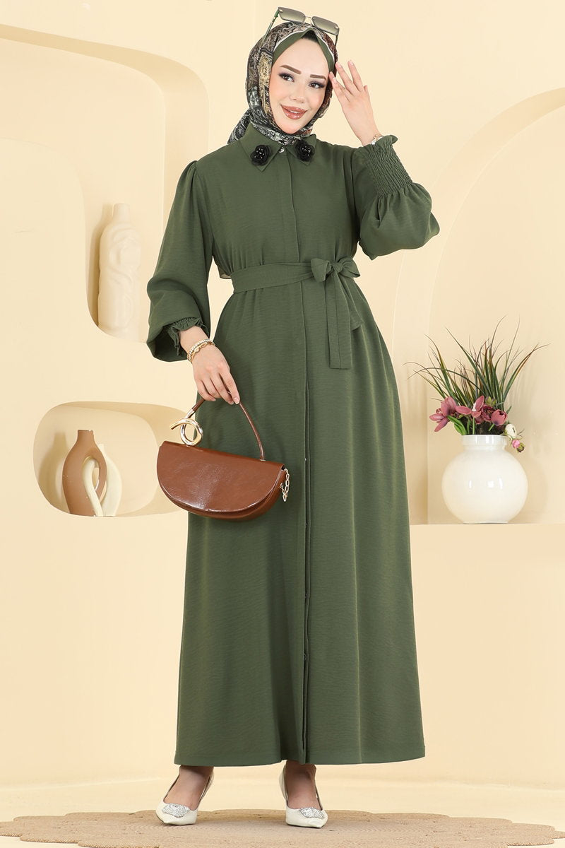 Aerobin Abaya Coat with Rose Collar - Khaki